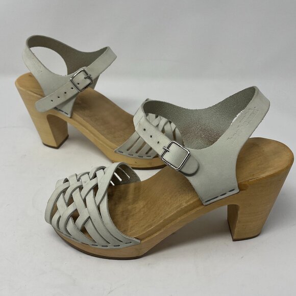 Swedish Hasbeens White and Tan Mules - Picture 1 of 13